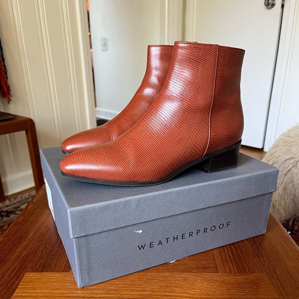 Aquatalia cognac embossed ankle boot